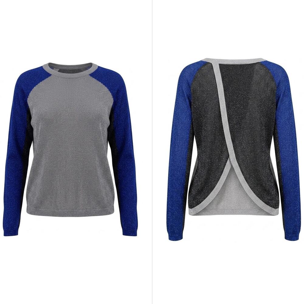 Aiko Gray Blue Colorblock Split Back Knit Sweater Women Size M